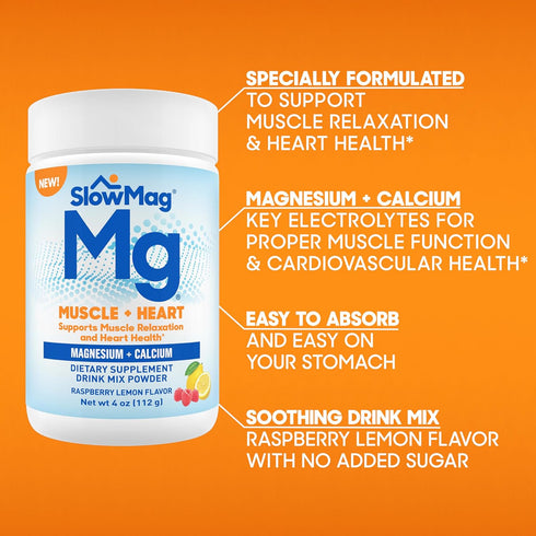 SlowMag® Muscle + Heart, Magnesium & Calcium Supplement, Raspberry Lemon Flavor Drink Mix Powder, 4 oz...