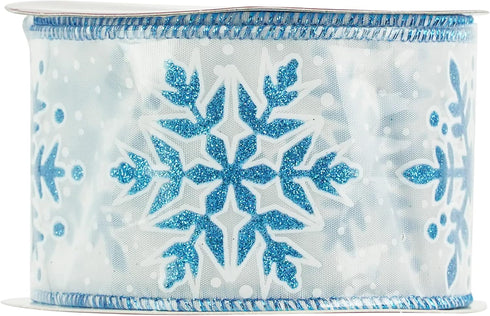 MEEDEE Blue Snowflake Ribbon White Ribbon with Blue Glitter Snowflake Ribbon 2.5 Inch Christmas Wired Ribbon for Winter Holiday Decor, Christmas T...