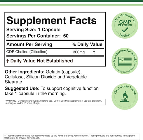 CDP Choline (Citicoline) Supplement, Pharmaceutical Grade, Third Party Tested (60 Capsules 300mg)...