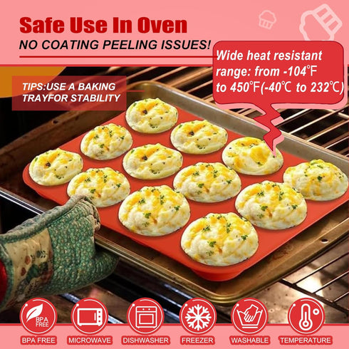 2PCS Thicken-12 Cup Silicone Muffin Pan - Cupcake Baking Pan Great for Making Muffin Cakes, Tart, Bread -Non - Stick Silicone Mold/Dishwasher - Mi...