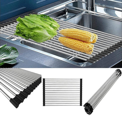 Roll up Dish Drying Rack Over The Sink Portable Stainless Still Rolling Rack Folding Mat for Kitchen Counter (Black, 17.7''LX11.2''W)...