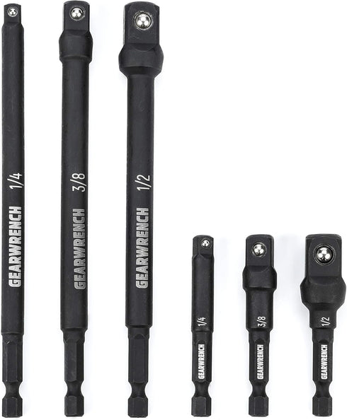 GEARWRENCH 6 Pc 1/4" Drive Hex Shank Impact Socket extensions - 1/4", 3/8" and 1/2" Drive sizes - 2-1/2" & 6" long - 84971A-02...