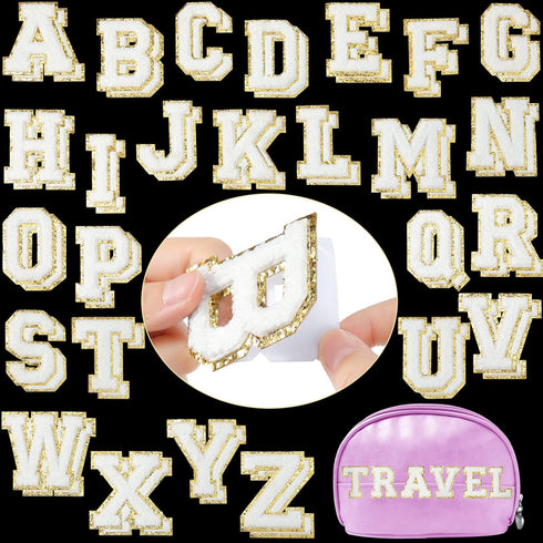 WILLBOND 52 Pieces Chenille Letter Patches Self Adhesive 2 Sets of A-Z Letter Patches Sticker with Gold Glitter for Backpacks Hat Clothes Notebook...
