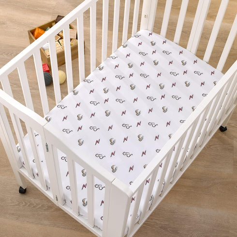 Warner Brothers Harry Potter White, Red, and Gold Lightning Bolt, Golden Snitch and Glasses Nursery Fitted Mini Crib Sheet...