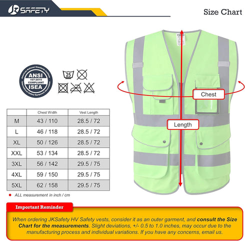 JKSafety 9 Pockets Class 2 High Visibility Zipper Front Safety Vest With Reflective Strips, Meets ANSI/ISEA Standards (150-Green, 4X-Large)...