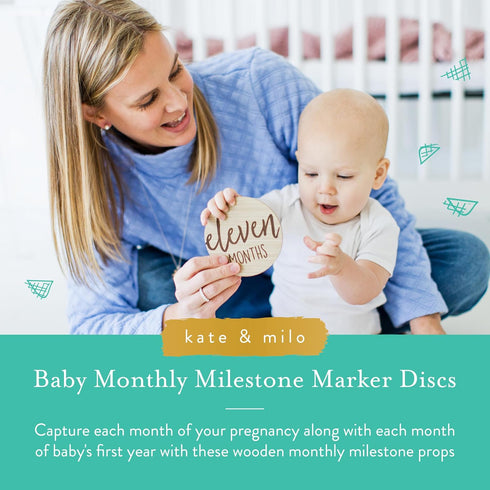 Kate & Milo Baby Monthly Milestone Marker Discs - Classic Cursive Script Wooden Discs with Reversible Photo Props for Baby Announcement and Milest...