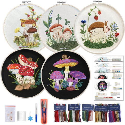 BERYA 5 Set Embroidery Kit for Adult Beginners, Stamped Cross Stitch Kit with Mushroom Pattern, Hoops, Color Threads, Tools and Easy to Follow Ins...