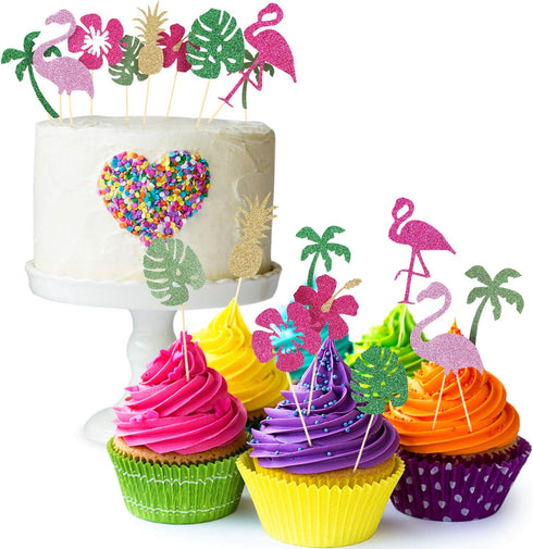 50 Pieces Tropical Hawaiian Luau Cupcake Toppers Glittery Hawaii Cake Cocktail Toothpick Flamingo Pineapple Hibiscus Flowers Palm Leaves Cupcake P...