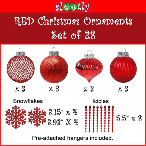 SLEETLY 28pk Red Ornaments for Christmas Tree Holiday Xmas Decorations, Shatterproof Plastic 3.15 Balls, Icicles and Snowflakes...