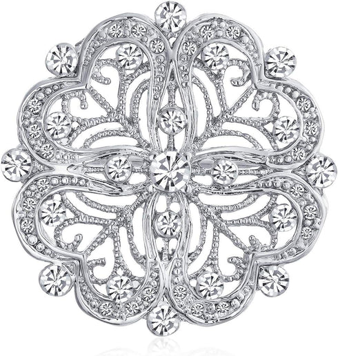 Large Fashion Statement Sparkling Party Rose Flower Shape Open Pave Crystal Wedding Brooch Scarf Pin For Women Silver Tone Rhodium Plated...