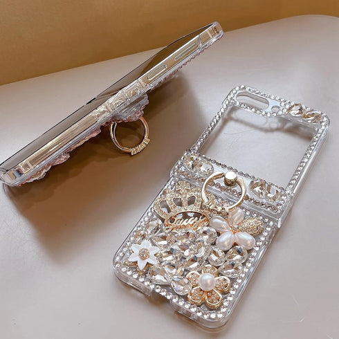 Samsung Galaxy Z Flip 5 Glitter Case with Hinge Protection Ring Holder,Cute Luxury 3D Crown Crystal Rhinestone Diamond Gems Bling Sparkle Shiny Wo...