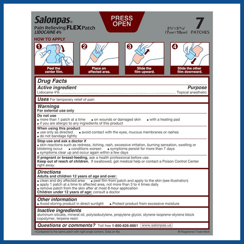 Salonpas Maximum OTC Strength Lidocaine 4% Pain Relieving FLEX Patch, Apply for Up To 8 Hours, Unscented, Thin, Flexible, Lightweight, Patch Stays...