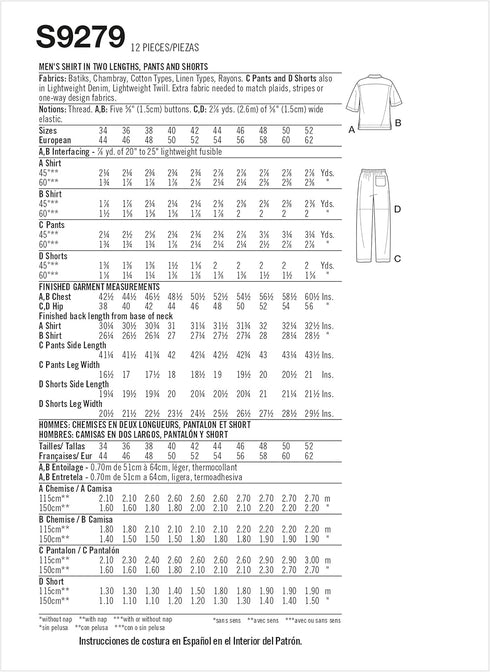 Simplicity Men's Relaxed Fit Shirt and Tapered Shorts or Pants Packet, Code 9279 Sewing Pattern, Sizes 34-42, White...