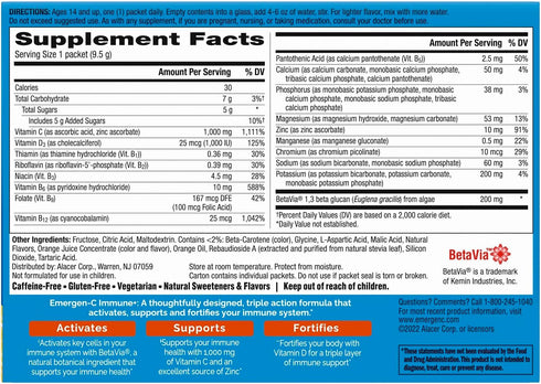 Emergen-C Immune+ Triple Action Immune Support Powder, BetaVia (R), 1000mg Vitamin C, B Vitamins, Vitamin D and Antioxidants, Super Orange – 30 Co...