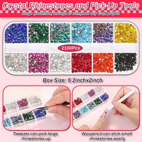 Rhinestones Adhesive Glue for Fabric, 2100Pcs 12 Color Craft Rhinestones Flatback with B7000 Glue Adhesive, Glass Gemstones with Tweezers for Craf...