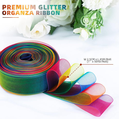 MOLSHINE 50yd x 1 inch Rainbow Organza Ribbon,Shimmer Sheer Iridescent Colors Ribbons,Chiffon Fabric- (Deep Rainbow) (1" (25mm))...