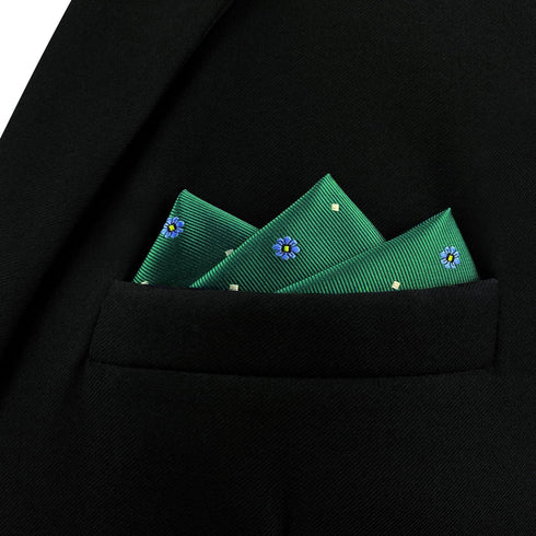 S&W SHLAX&WING Men's Pocket Square Emerald Green with Blue Flower for Suit Jacket Wedding...