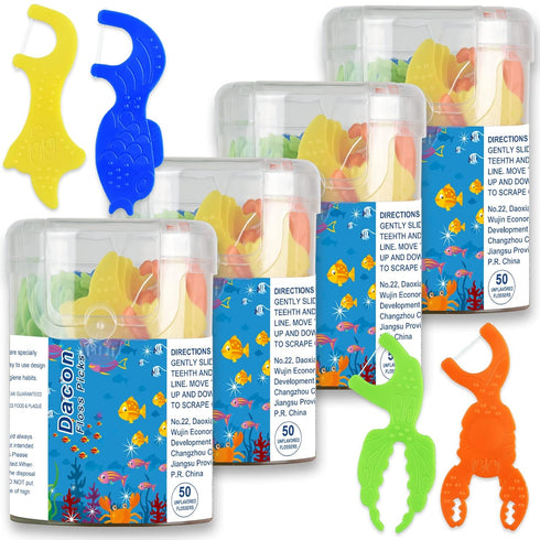 Kids Flossers, Kids Dental Floss Picks without Fluoride, Unflavored, 4 Colors Ocean Animals Shaped Makes Flossing Fun, 50 Count (Pack of 4)...