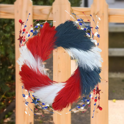Zerzsy 2pcs Patriotic Berry Picks, Artificial Berry Stems 18" Red Blue Star Floral Picks for Floor Vase Decor, Faux Fur Ball Branches for Home Dec...