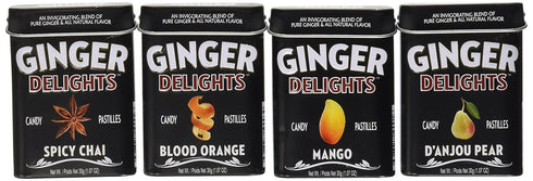 Big Sky Ginger Delights - Spiced Chai, Blood Orange, Mango, and D'Anjou Pear - Variety 4 Pack - Naturally Flavored Ginger Mints in Resealable Meta...