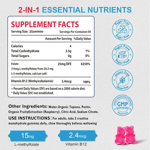 2 Pack L-Methylfolate 15mg Gummies, Folate & Vitamin B12 Supplement for Adult, Active Folic Acid Supplement for Brain & Mood Support, Non-GMO, Veg...