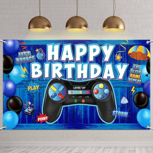 Video Game Birthday Decorations Banner Backdrop Blue Game Birthday Party Decorations Level up Gaming Theme Party Backdrop Photo Props for Gamer Ki...