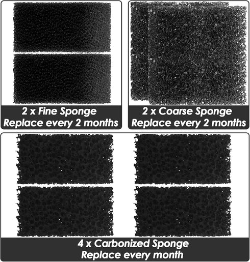 Replacement Sponge for Aquarium Filter(60-100Gal), Fish Tank Filter Replacement Parts, Including 2 x Fine Sponge, 2 x Coarse Sponge & 4 x Carboniz...
