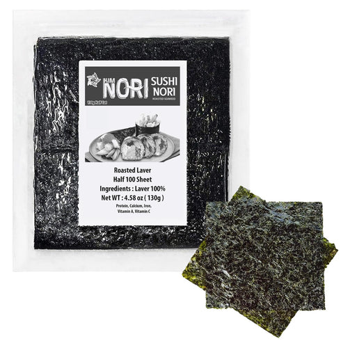 KIMNORI Sushi Nori Seaweed Sheets – 100 Half Cut Size Yaki Roasted Rolls Wraps, Resealable Bag, 100% Natural Laver, Fresh Premium Restaurant Quali...