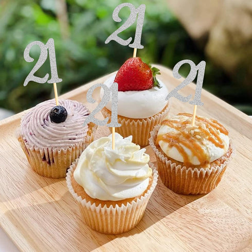 Sumerk 24PCS 21 Cupcake toppers Silver Glitter 21st Birthday Cupcake Picks Anniversary Party Decorations...
