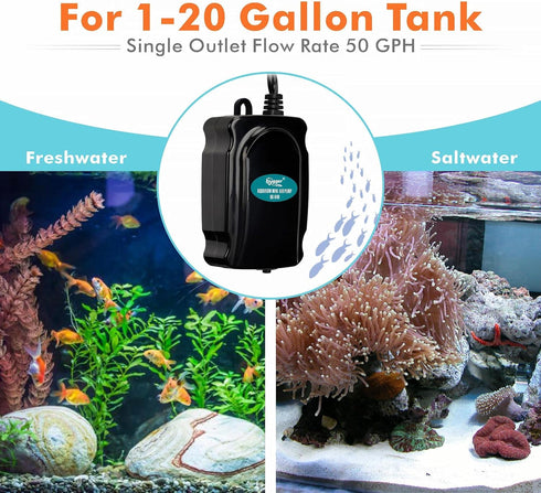 hygger Mini Aquarium Air Pump Kit Small Fish Tank Air Pump 1W for 5-20 Gallon Fish Bowl with Air Tube Air Bubbler Stone Check Valve...