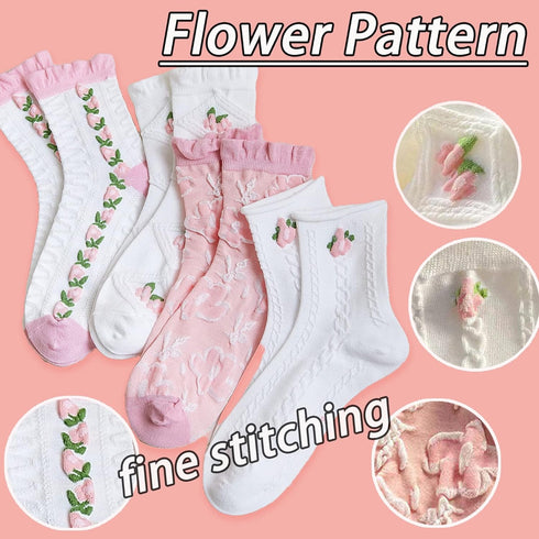 Cute Pink White Floral Women Ankle Sock Stripe Lettuce Trim Knitted Comfy Embroidered Girl Sock Gift 4 & More Pairs...