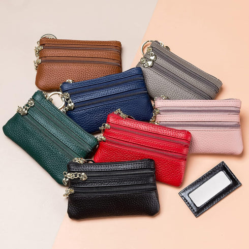 imeetu Leather Coin Keychain Purse for Women, Small Change Purse for Coins, Coin Pouch Wallet with 4 Zippered Pockets (Black)...