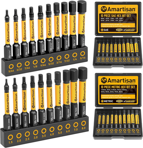 Amartisan 20-Piece Hex Head Allen Wrench Drill Bit Set, Metric and SAE S2 Steel Hex Bits Set, Magnetic Tips, 2.3" Long with Storage box. (20-Piece...