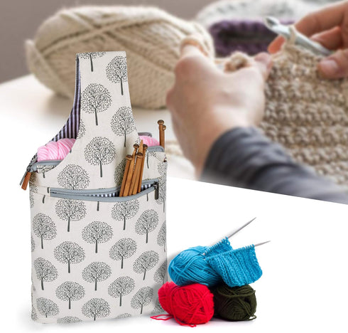 Teamoy Knitting Bag, Canvas Yarn Tote Project Bag for Knitting Needles, Yarn and Crochet Supplies, Perfect Size for Knitting on The Go, Tree...