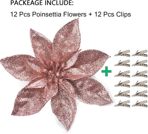 GL-Turelfies 12 Pcs Glitter Christmas Flowers(16cm/6.3’’) with 12 Pcs Clips Artificial Poinsettia Flower Christmas Tree Flower Decorations Xmas Tr...