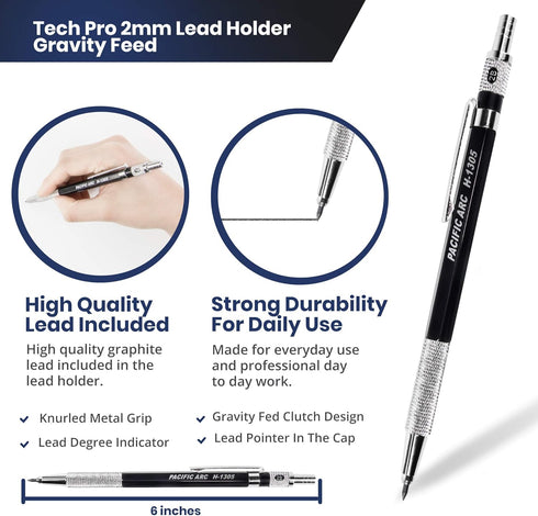Pacific Arc 2mm Lead Holder and Lead Sharpener, Black Drafting Pencil for Artist Drawing, Drafting, and Sketching...