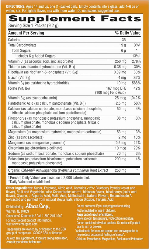 Emergen-C Vitamin C Ashwagandha Drink Mix, Dietary Supplement for Immune Support, Berry Blend - 18 Count...