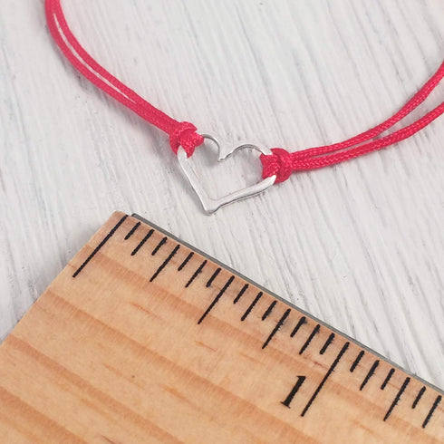Red Womens Friendship Bracelet, Small Handmade Sterling Silver 925 Open Heart Shaped Charm, Pull Adjustable Kindred Cord Thread. Handmade Heart Gi...