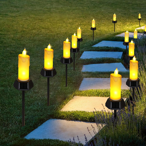 Solar Powered LED Flameless Candles Lights, Built-in 600MA Battery Runs up to 16H, Electric Fake Pathway Candle Lights with IP65 High Rating Water...