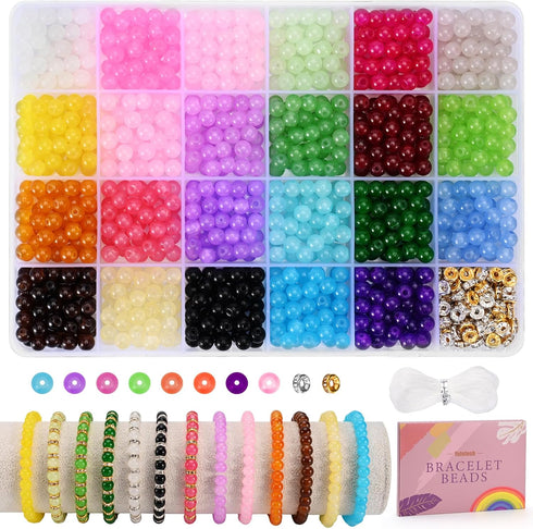 Yelofesh 1100PCS 6mm Glass Beads for Jewelry Making, 24 Vibrant Colors Crystal Round Glass Beads for Bracelets, Complete Bracelet Making Sets for ...