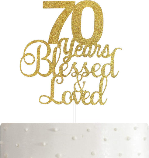 ALPHA K 70th Birthday/Anniversary Cake Topper – 70 Years Blessed & Loved Cake Topper with Gold Glitter...