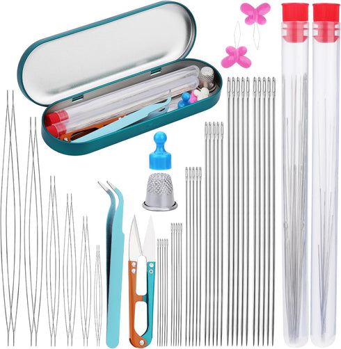 51PCS Beading Needles,12 Pcs Big Eye Beading Needles,30Pcs Long Straight Beading Thread Needles, Embroidery Needles with Needle Bottle, Scissors, ...