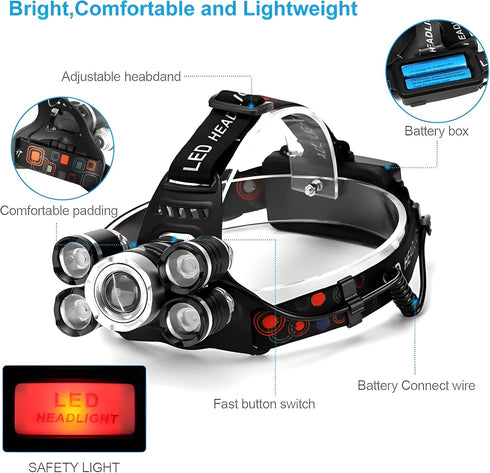 LED Bright Headlight Rechargeable Lamparas (Up to 13 Hours of use) | Head Lights for Forehead - Waterproof Headlamp Battery Powered, 10000 LM (Inc...