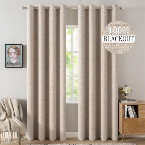 MIULEE 100% Blackout Linen Textured Curtains for Bedroom Solid Thermal Insulated Natural Beige Grommet Room Darkening Curtains & Drapes Luxury Dec...