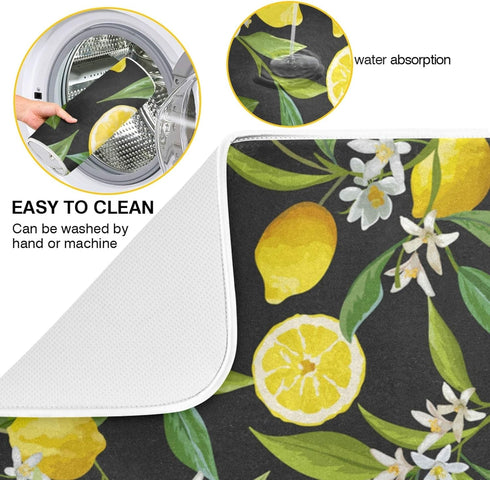 ALAZA Yellow Lemon on Black Dish Drying Mat for Kitchen Counter Absorbent Microfiber Large Drying Pad Dish mats for Kitchen Countertops 18 x 24 In...