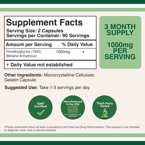 Double Wood Supplements TMG Trimethylglycine Supplement 1,000mg Per Serving, 180 Capsules (TMG Supplements for Homocysteine Control) Genuine TMG w...