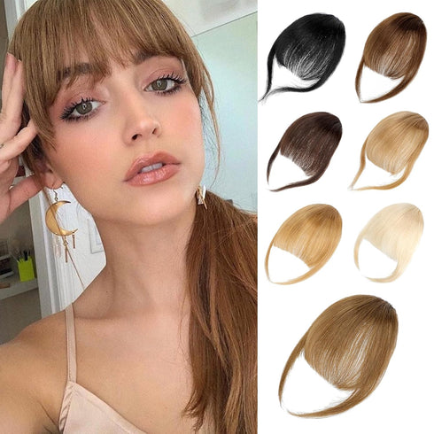Bangs Hair Clip in Bangs,100% Real Human Hair Extensions French Bangs Clip on Curtain Flat Bangs Fringe with Temples Hairpieces for Women Light Br...