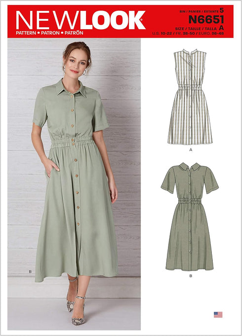 New Look Sewing Pattern N6651 Misses' Button Front Dress with Elastic Waist, A (10-12-14-16-18-20-22), Various...