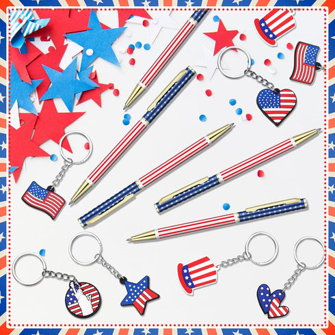 48 Pcs Independence Day Metal Ballpoint Pens American Flag Keychain Set Gold Retractable School Pens USA Flag Key Chains Office Patriotic 4th of J...