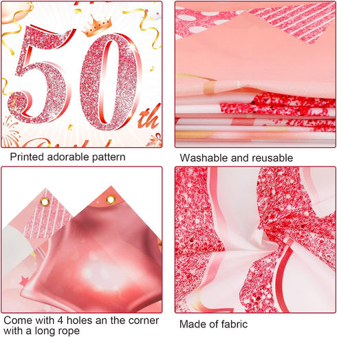 DPKOW Rose Gold 50th Birthday Banner - Backdrop, Wall & Garden Decoration, 185 x 90cm Fabric...